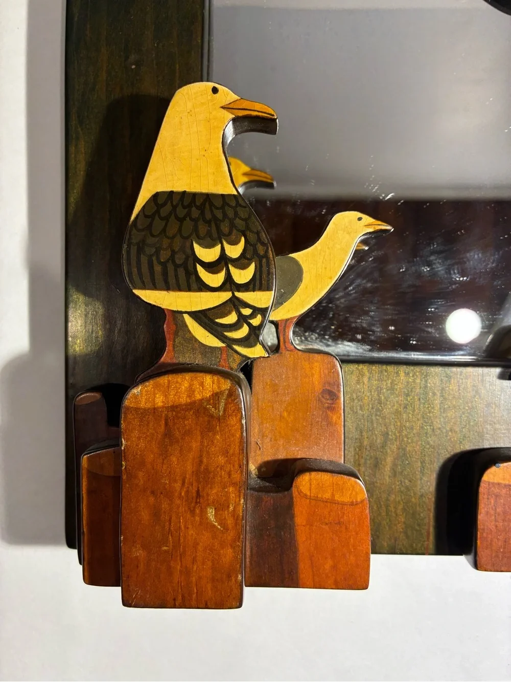 Vintage 1974 Signed WHiT Folk Art Wood Seagull Wall Mirror Hand Painted Decor